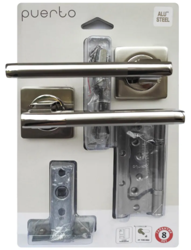 Комплект дверной фурнитуры PUERTO (ручка 514-02, защелка м/к, петли безВР), никель матовый/никель блестящий